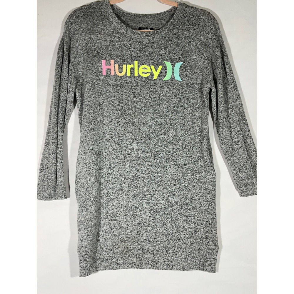 Hurley Kids Girls Long Sleeve Dress Rainbow Logo Pocket Gray Size M 10 12 Years